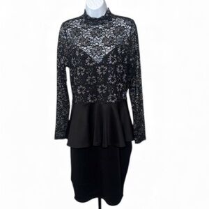 #439 Elegant Black & Silver Floral Lace Peplum Dress - Size 1X